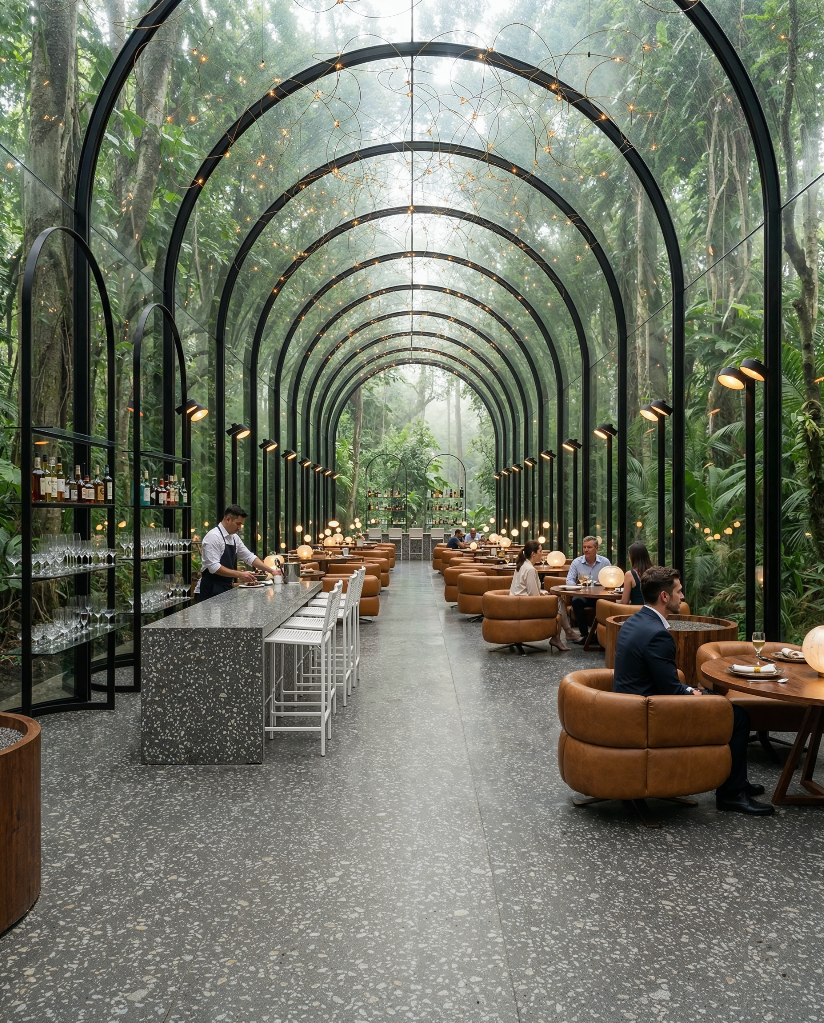 Restaurante em meio à vegetação, renderizado com inteligência artificial